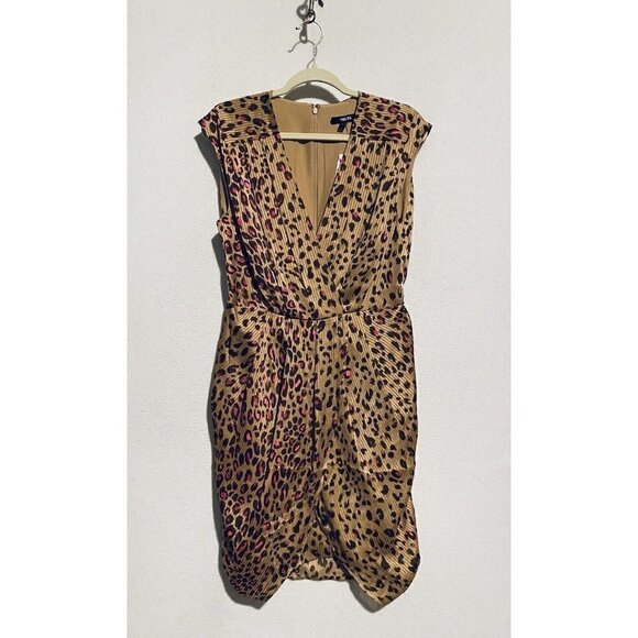 Express Dress Womens Medium Leopard Print Draped Satin Mini Sheath V Neck Boho - Picture 2 of 8
